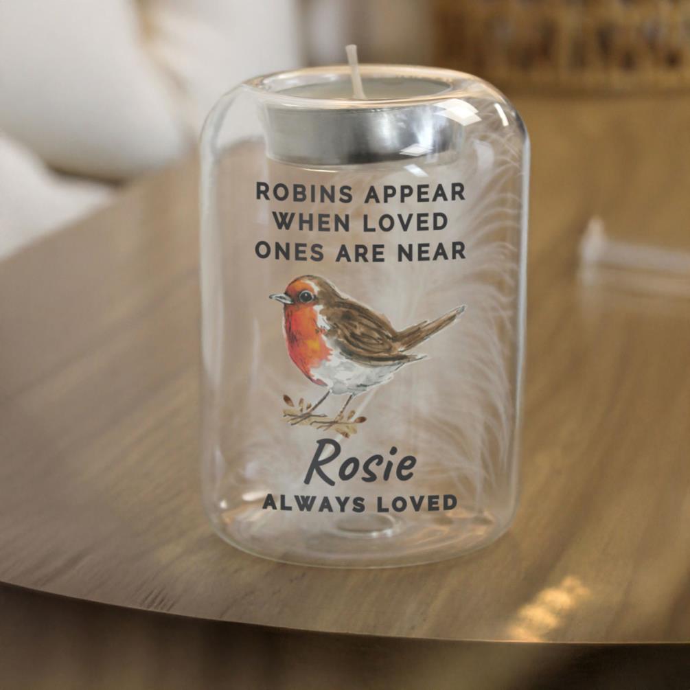 Personalised Robin Memorial Feather Tealight Holder Extra Image 1